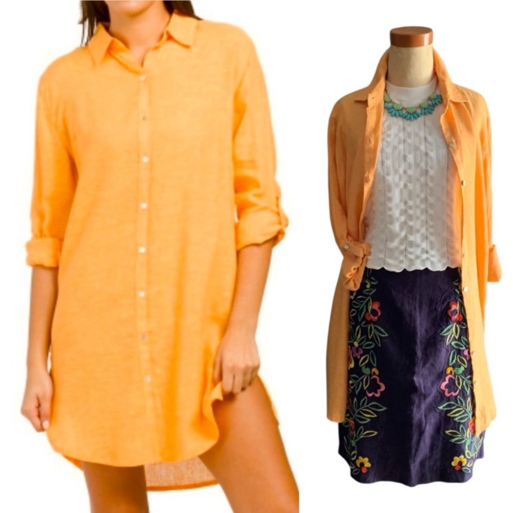 TAHARI Nectarine Linen Blend Button Down Longline
Shirt Cover up Tunic- XS
